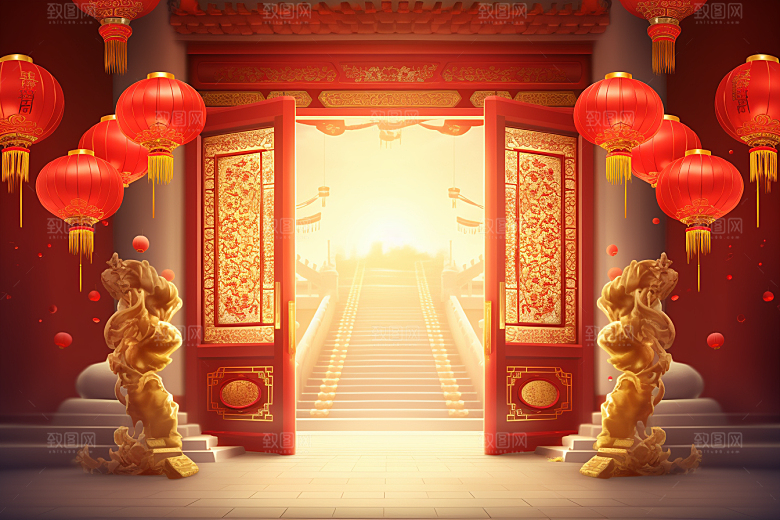 中式传统门楼开门红国潮背景图