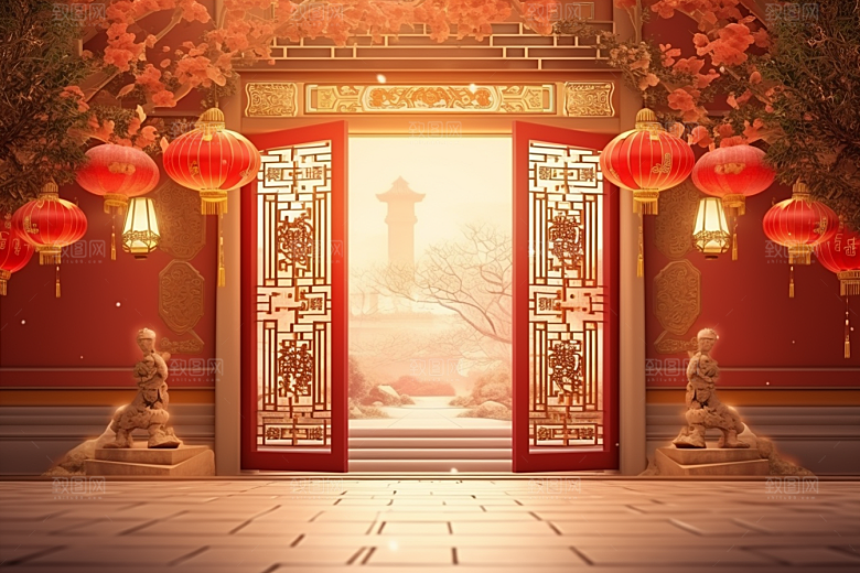 中式传统门楼开门红国潮背景图