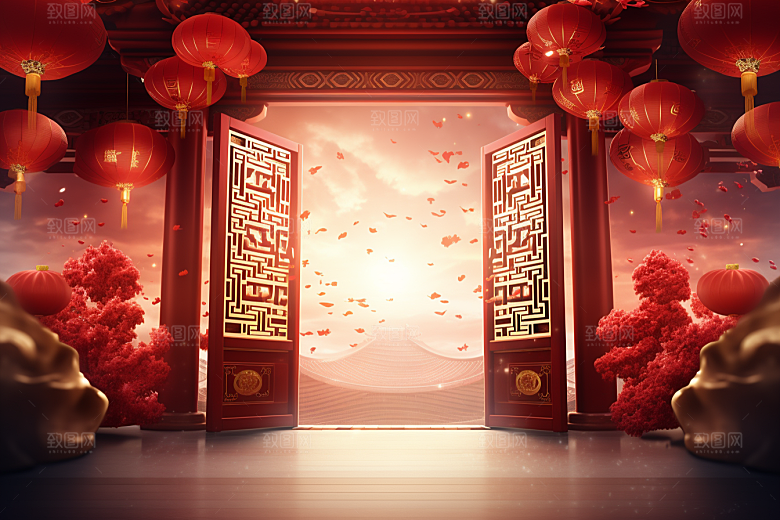 中式传统门楼开门红喜庆背景图