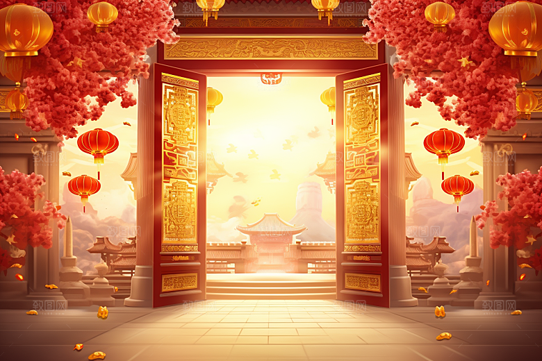 中式传统门楼火热开业大吉背景图