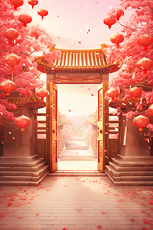 中式传统门楼喜庆国潮背景图