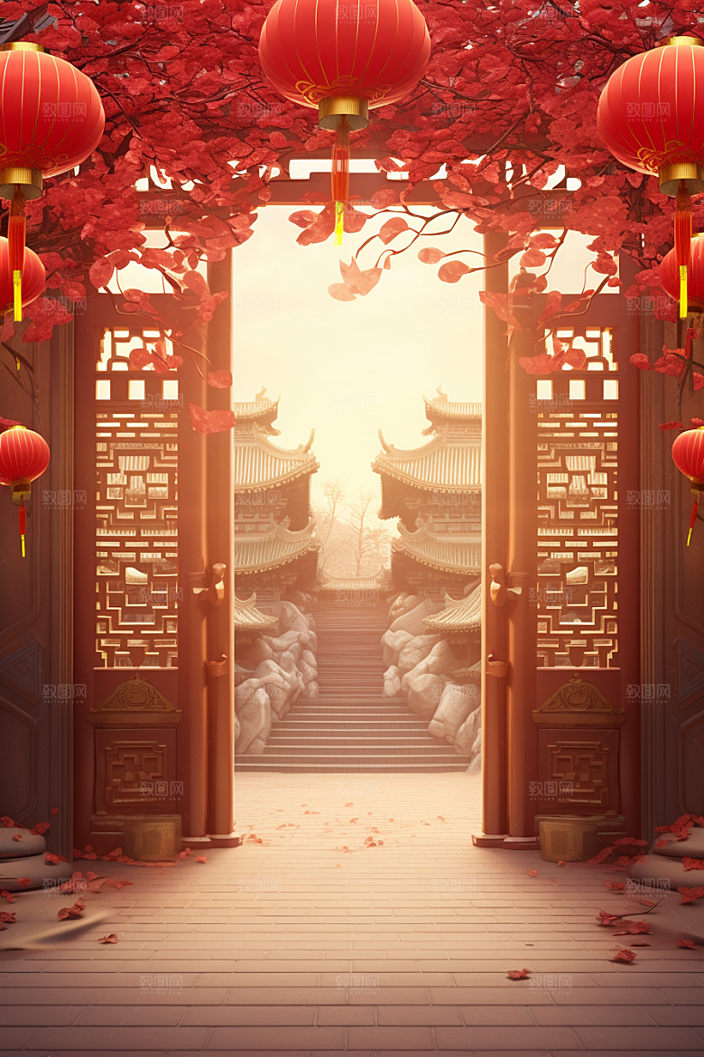 中式传统门楼火热开门红背景图