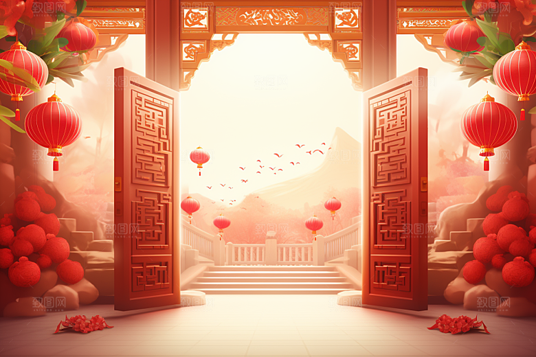 中式传统门楼中国风火热背景图
