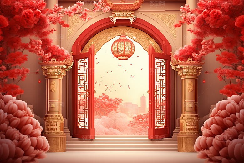 中式传统门楼开门红促销背景图