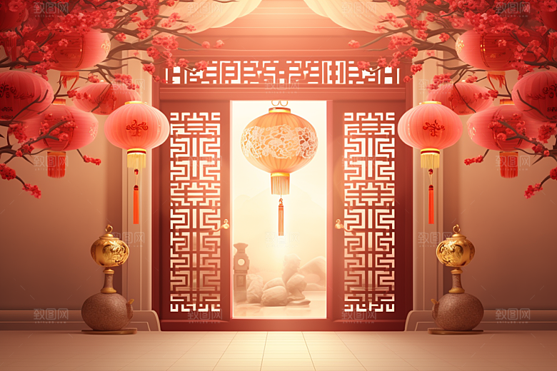 中式传统门楼火热开业大吉背景图
