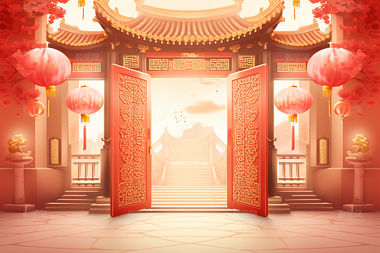 中式传统门楼开业大吉喜庆背景图