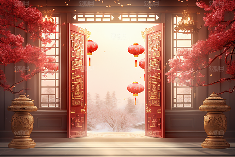 中式传统门楼开业直播背景图