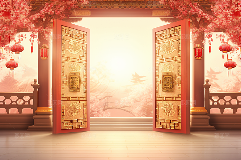中式传统门楼促销开门红背景图