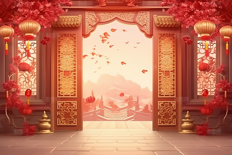 中式传统门楼火热直播背景图