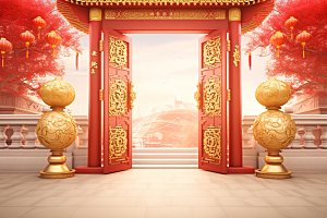 中式传统门楼开门红国潮背景图