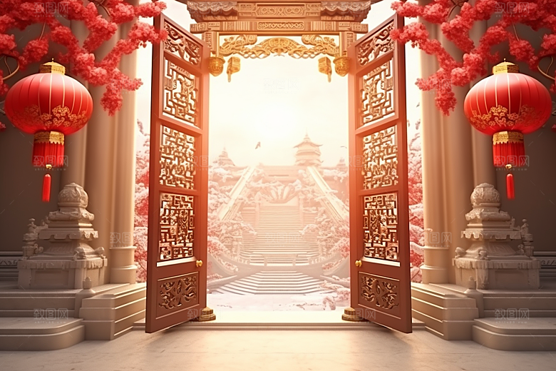中式传统门楼火热开门红背景图