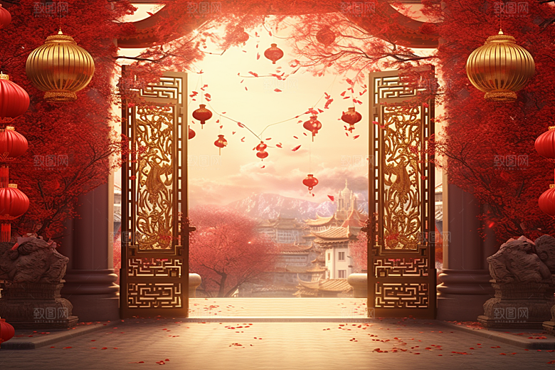中式传统门楼直播火热背景图