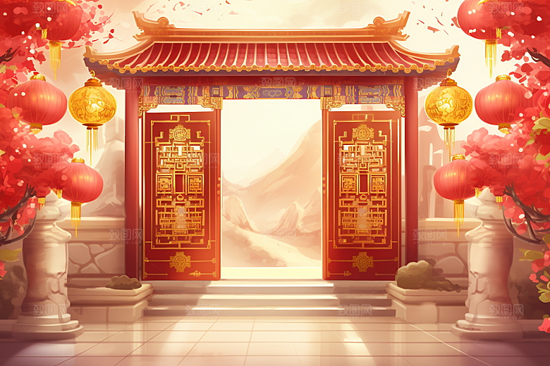 中式传统门楼喜庆开业大吉背景图