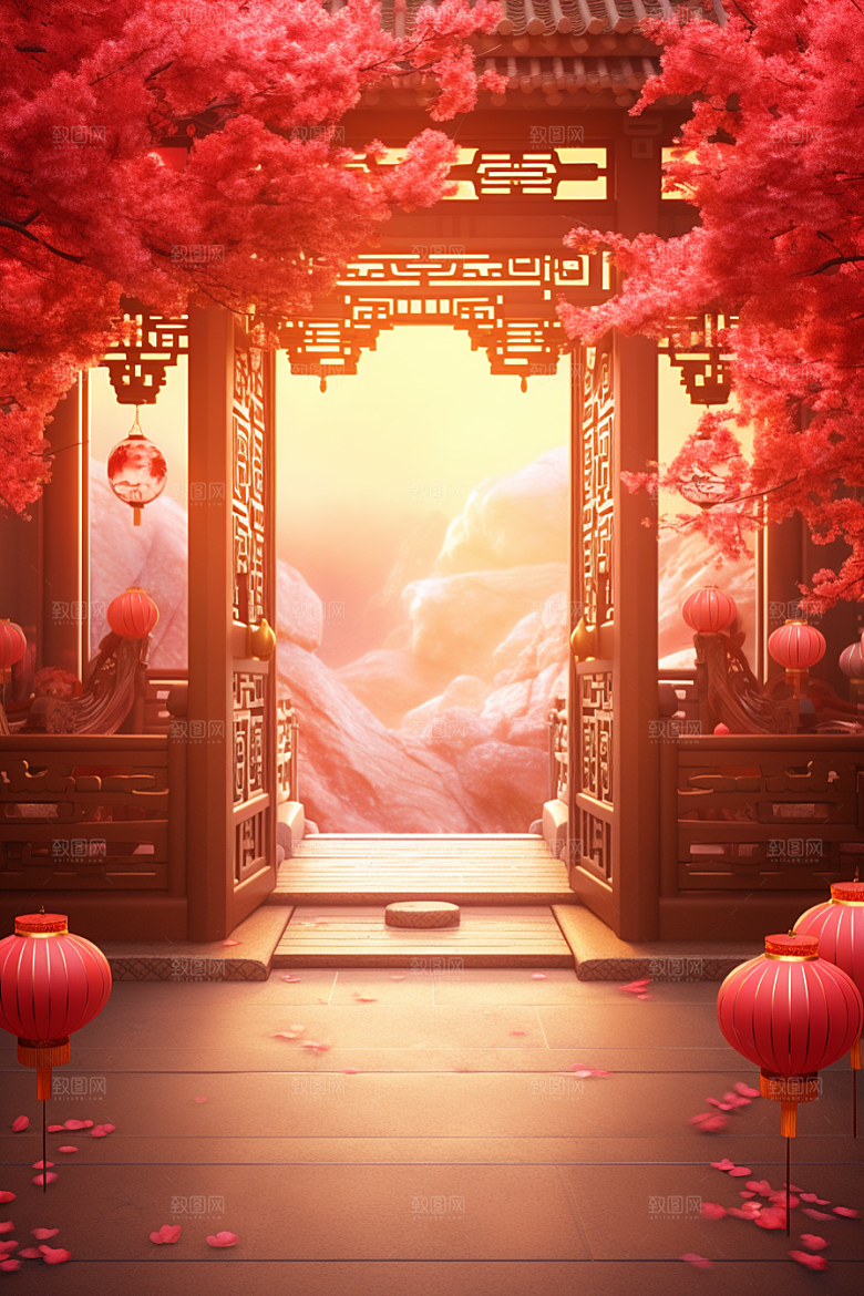 中式传统门楼开业大吉开门红背景图