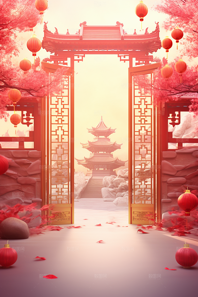 中式传统门楼开业喜庆背景图