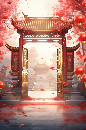 中式传统门楼直播促销背景图