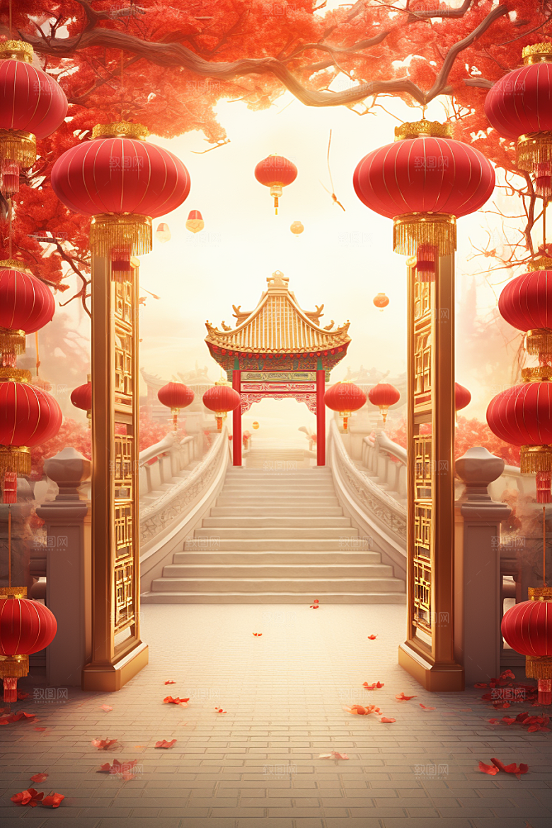 中式传统门楼火热开业大吉背景图