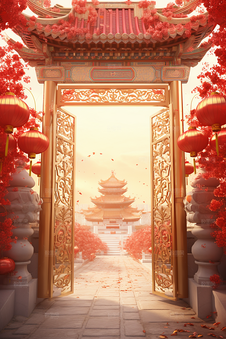中式传统门楼喜庆开业背景图