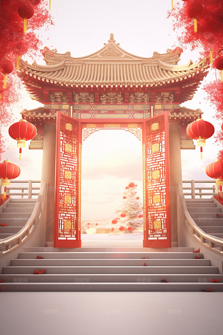 中式传统门楼开门红火热背景图