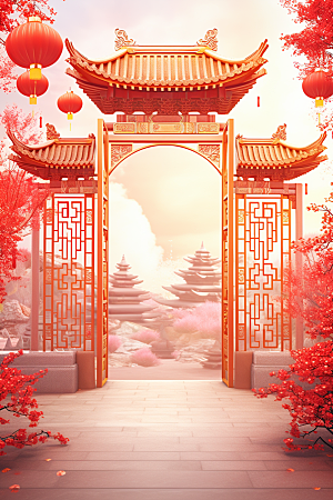 中式传统门楼热卖开业大吉背景图