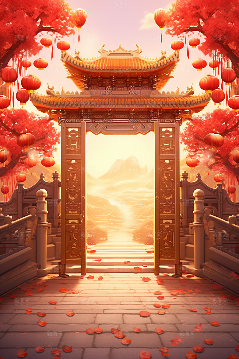 中式传统门楼开业大吉热卖背景图