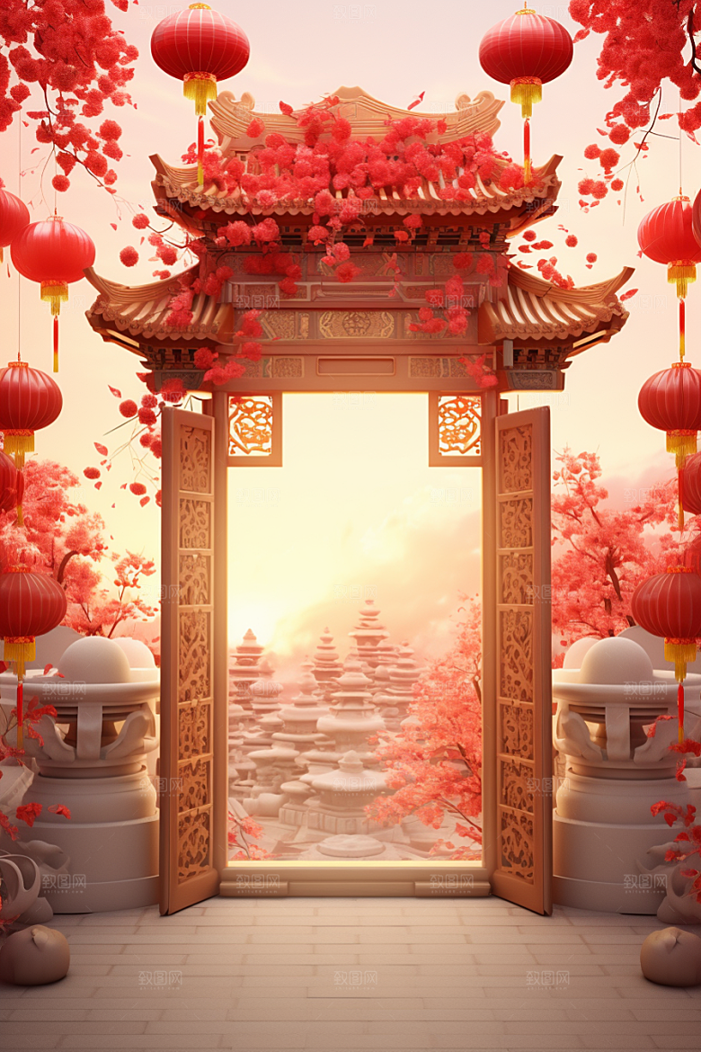 中式传统门楼国潮直播背景图