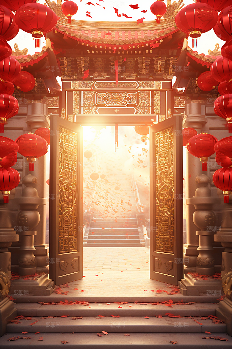 中式传统门楼开业开门红背景图