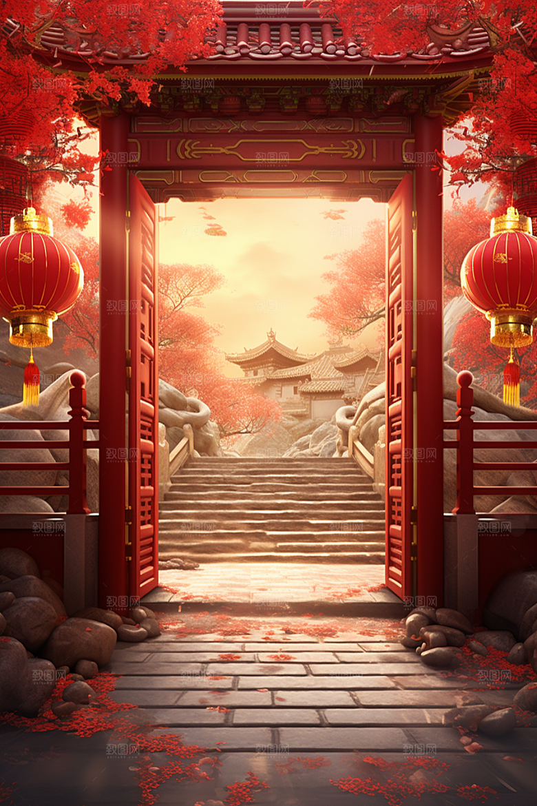 中式传统门楼开业大吉促销背景图