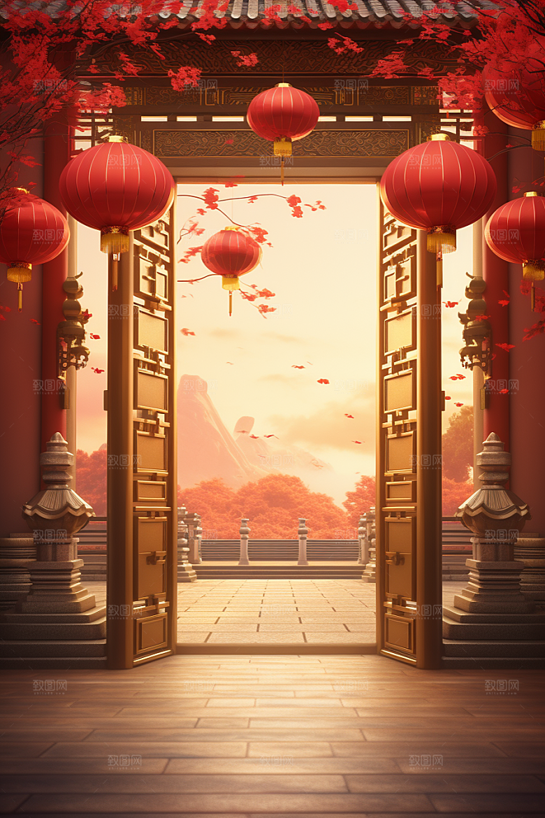 中式传统门楼开业大吉喜庆背景图