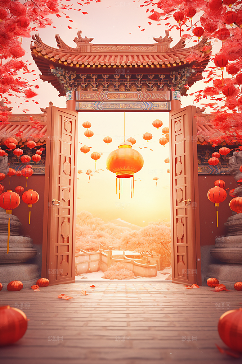 中式传统门楼国潮开门红背景图