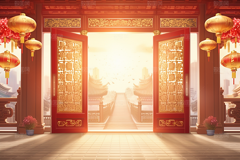 中式传统门楼开业火热背景图