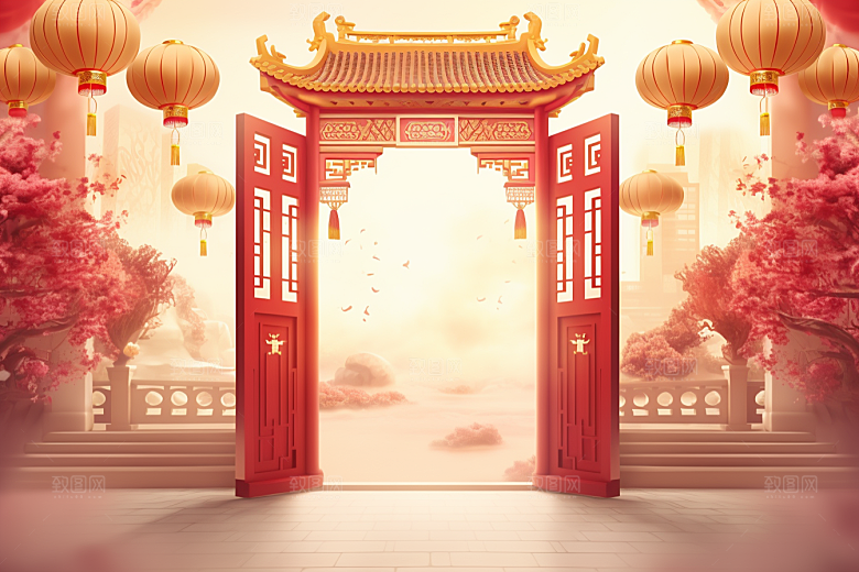 中式传统门楼开业大吉开业背景图