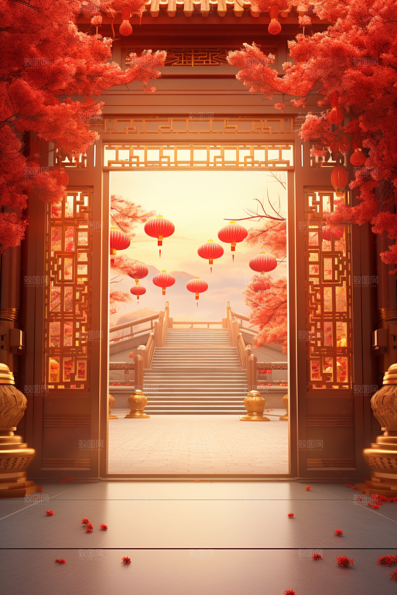 中式传统门楼促销国潮背景图