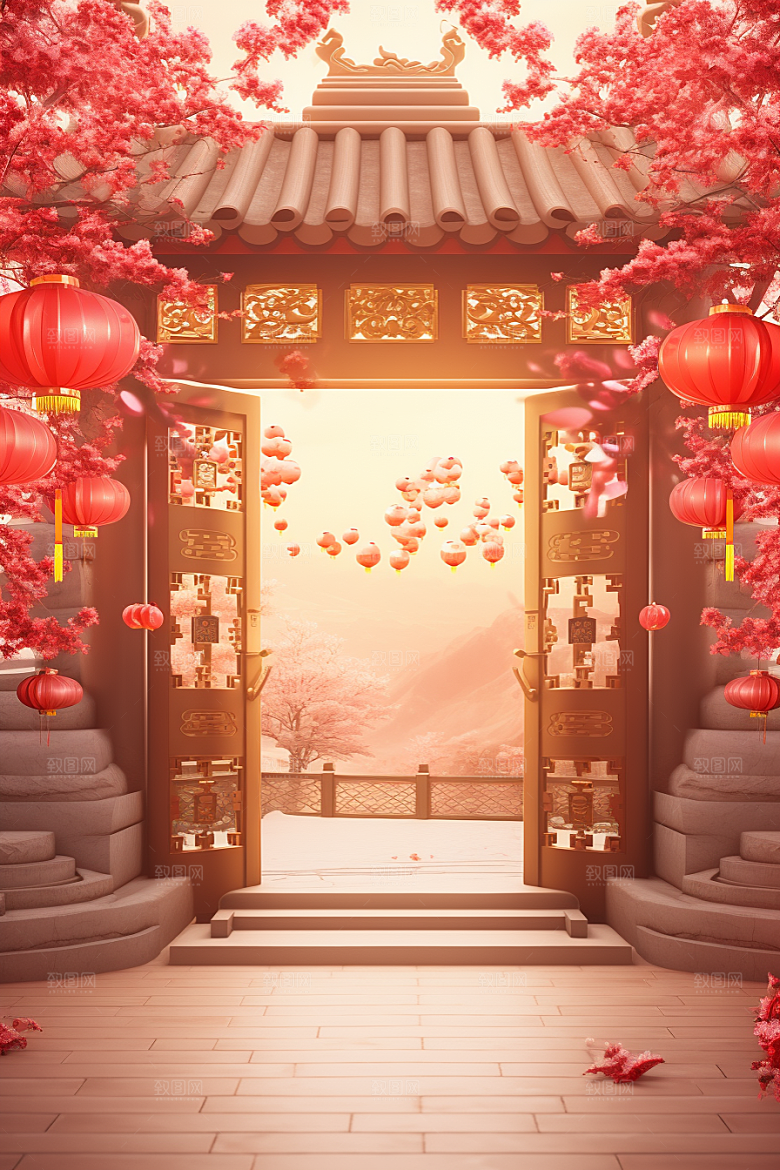 中式传统门楼开业大吉热卖背景图
