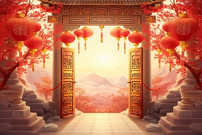 中式传统门楼开业大吉喜庆背景图