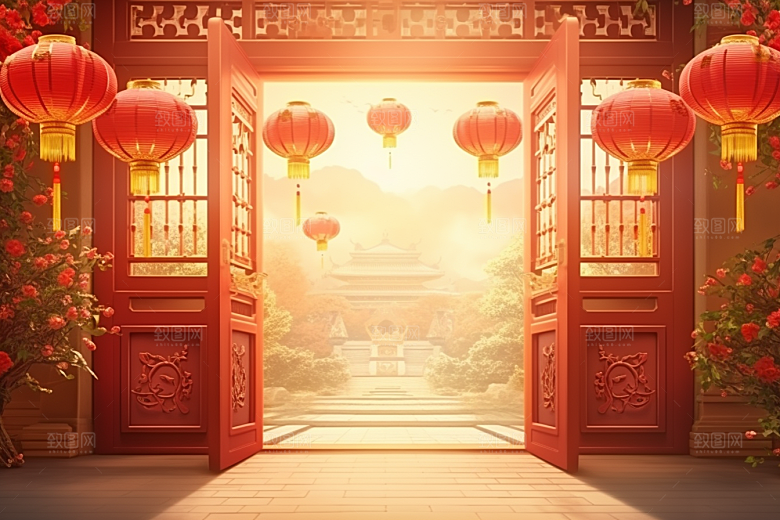 中式传统门楼开门红开业大吉背景图