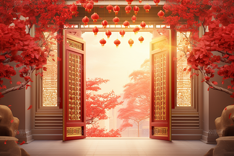 中式传统门楼开业大吉开业背景图