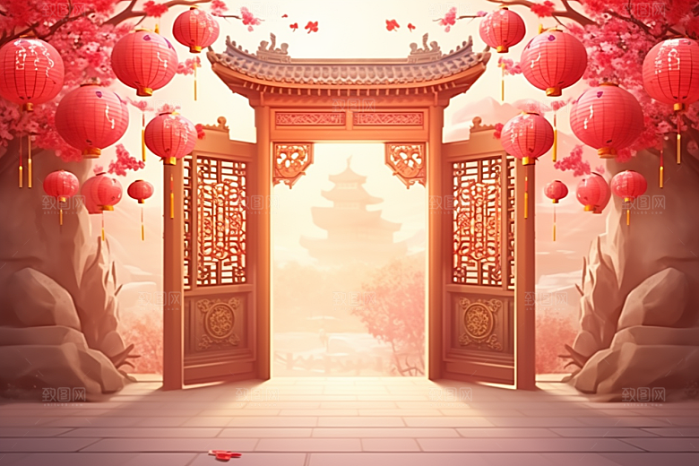 中式传统门楼中国风促销背景图