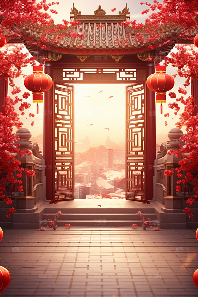 中式传统门楼开业火热背景图