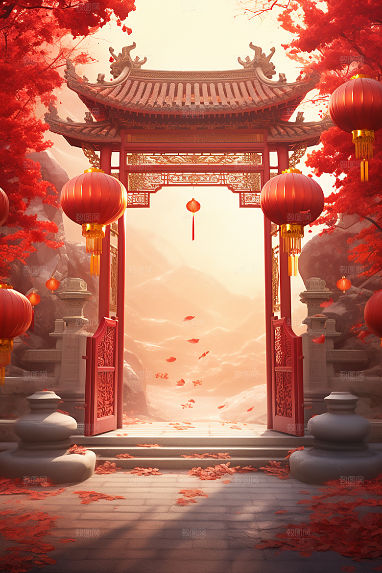 中式传统门楼开业大吉热卖背景图