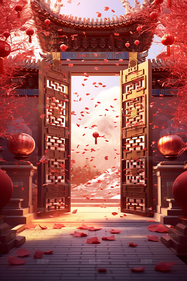 中式传统门楼热卖开业大吉背景图