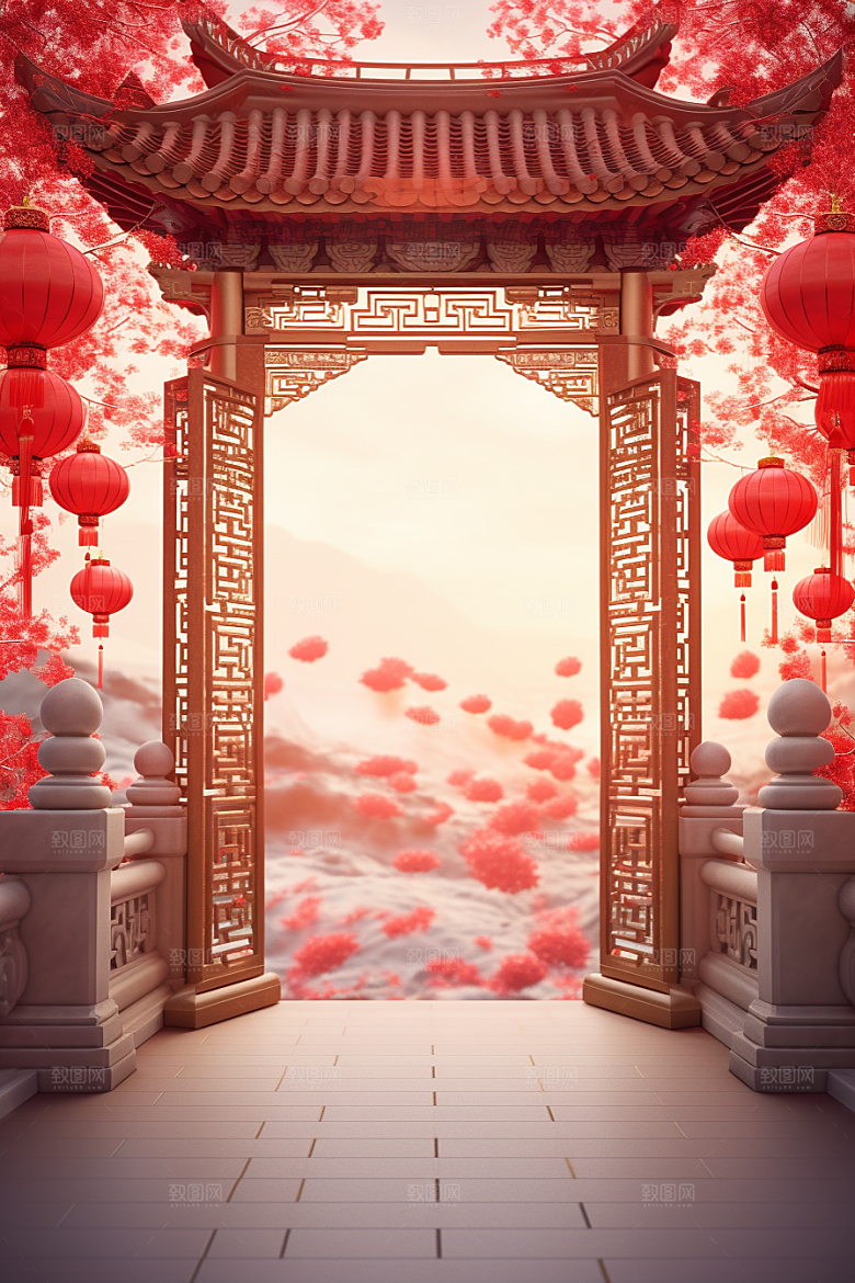 中式传统门楼促销国潮背景图