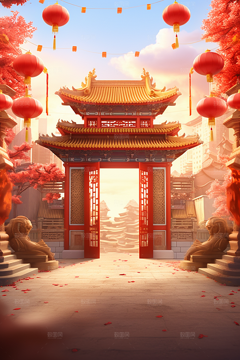 中式传统门楼中国风开门红背景图