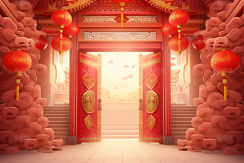 中式传统门楼火热中国风背景图