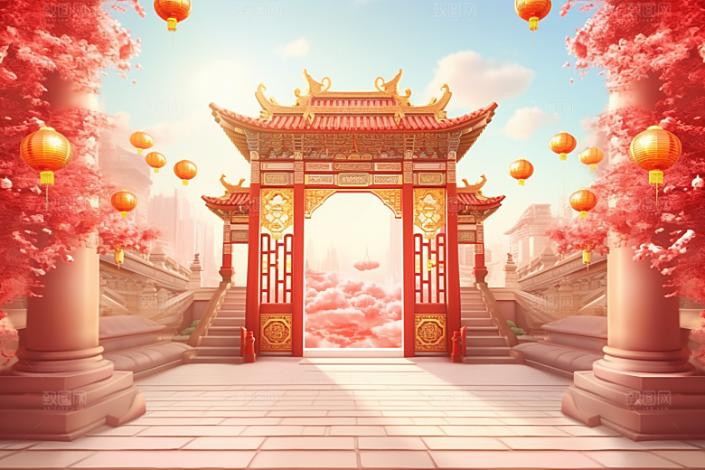 中式传统门楼开业开门红背景图