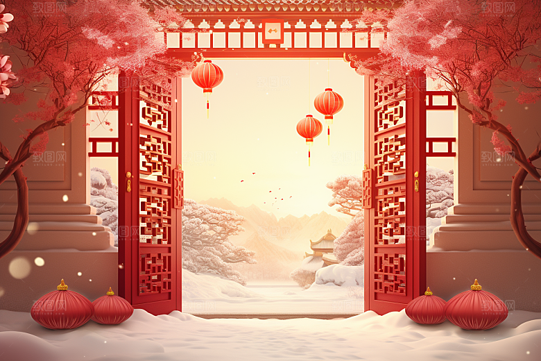 中式传统门楼直播国潮背景图