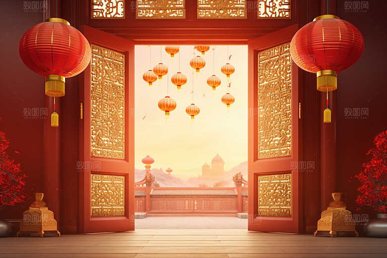 中式传统门楼直播开业背景图