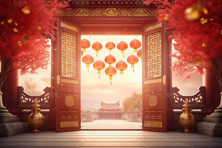 中式传统门楼火热开门红背景图