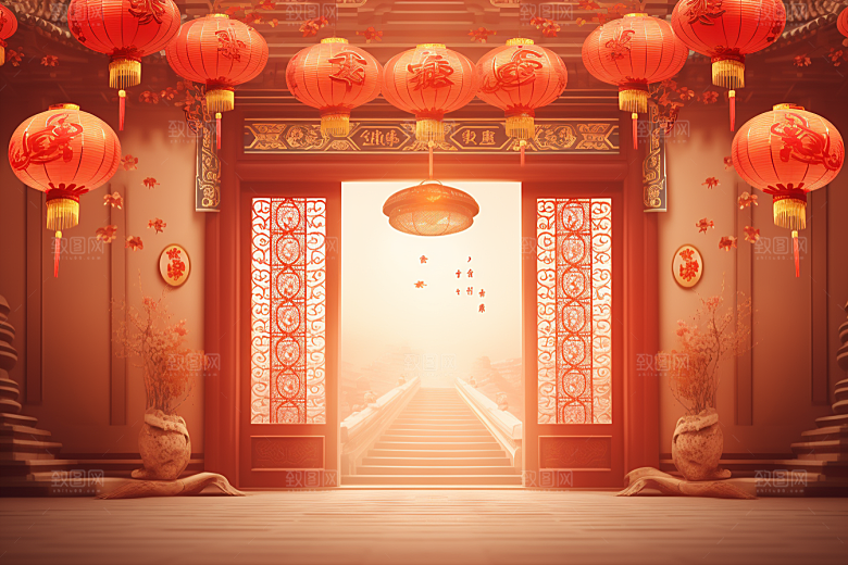 中式传统门楼喜庆火热背景图