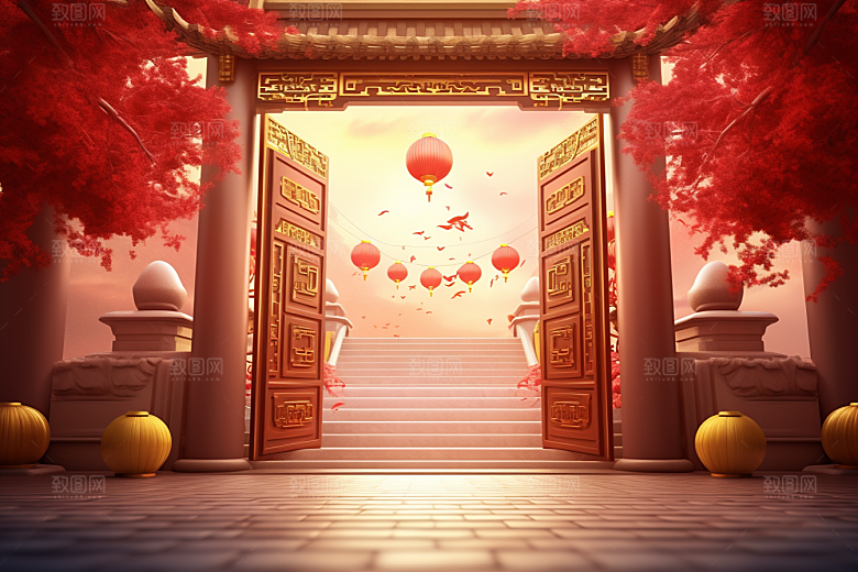 中式传统门楼火热国潮背景图